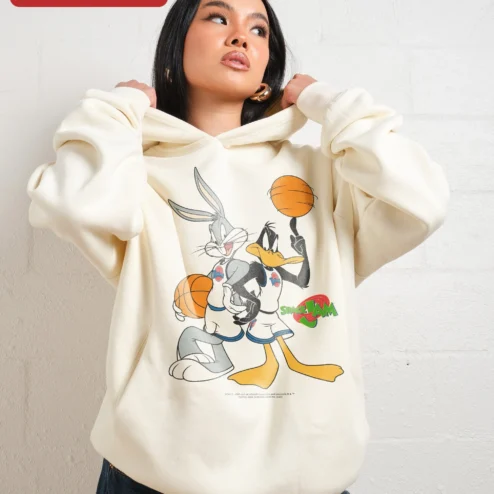 Space Jam Bugs Bunny Daffy Duck Hoodie Retro Cartoon Basketball Pullover on a hanger, ready to ship from Chicago, Illinois
