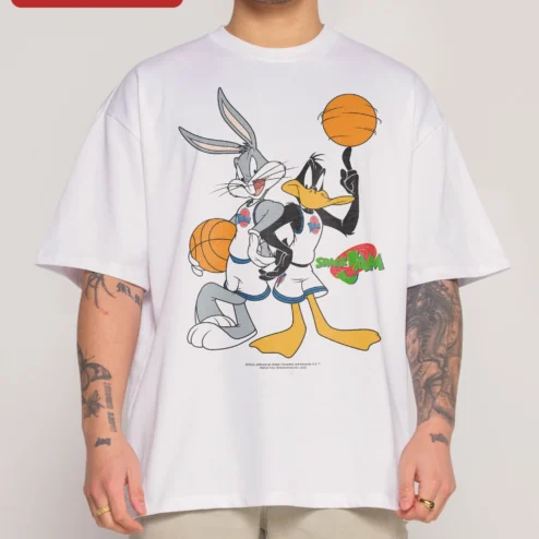 Space Jam Bugs Bunny Daffy Duck Retro Cartoon Graphic Tee on a hanger, ready to ship from Chicago, Illinois