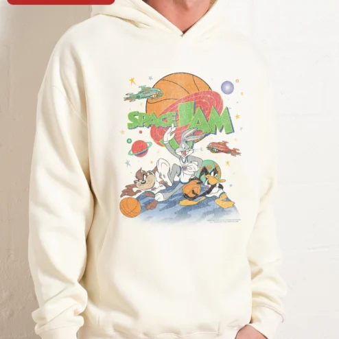 Space Jam Bugs Bunny Hoodie Retro Cartoon Basketball Merch for Men Women on a hanger, ready to ship from Chicago, Illinois