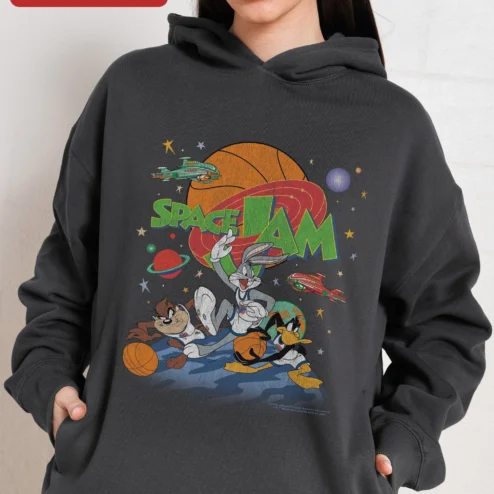 Customer in Chicago, Illinois wearing Space Jam Bugs Bunny Hoodie Retro Cartoon Basketball Merch for Men Women