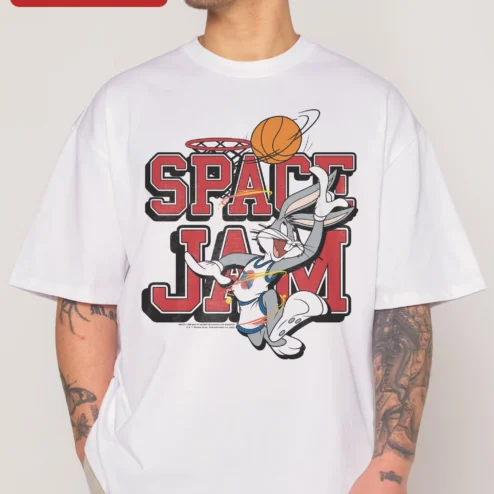 Space Jam Bugs Bunny Slam Dunk Graphic Tee Retro Looney Tunes Cartoon Shirt on a hanger, ready to ship from Chicago, Illinois