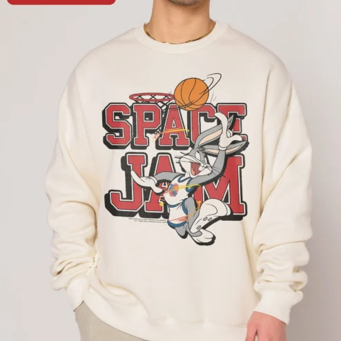 Space Jam Bugs Bunny Sweatshirt Retro Basketball Cartoon Crewneck for Men Women on a hanger, ready to ship from Chicago, Illinois