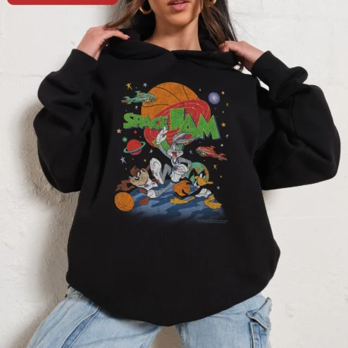 Close-up of Space Jam Hoodie Bugs Bunny Daffy Duck Taz Retro Vintage Cartoon Pullover for streetwear fans in Chicago, Illinois