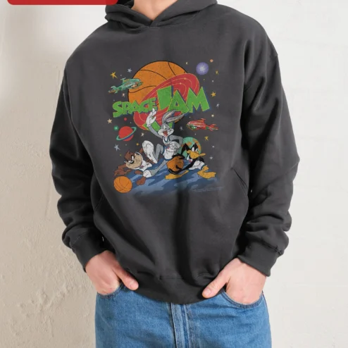 Customer in Chicago, Illinois wearing Space Jam Hoodie Bugs Bunny Daffy Duck Taz Retro Vintage Cartoon Pullover