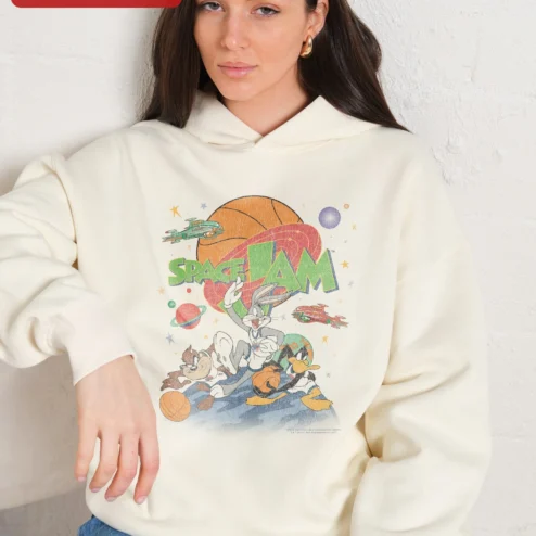 Close-up of Space Jam Hoodie Bugs Bunny Daffy Duck Taz Retro Vintage Cartoon Pullover for streetwear fans in Chicago, Illinois