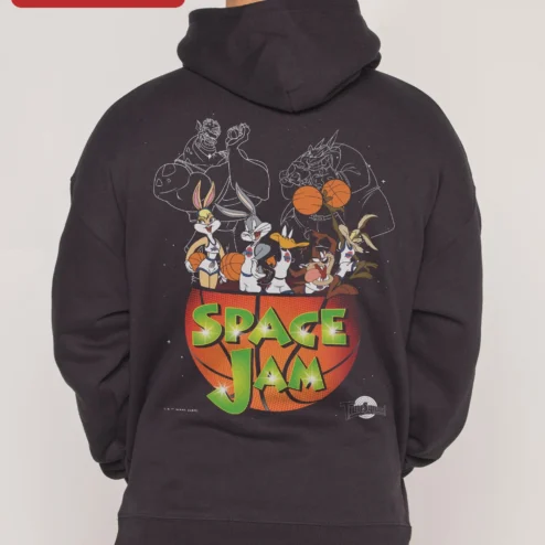 Close-up of Space Jam Looney Tunes Basketball Team Hoodie for streetwear fans in Chicago, Illinois