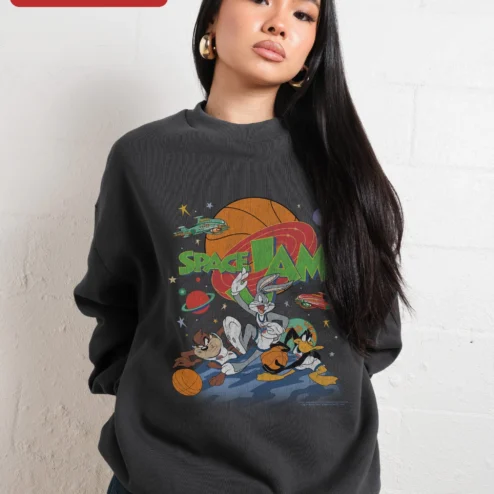 Space Jam Sweatshirt Bugs Bunny Daffy Duck Vintage Basketball Graphic Crewneck for Men Women on a hanger, ready to ship from Chicago, Illinois