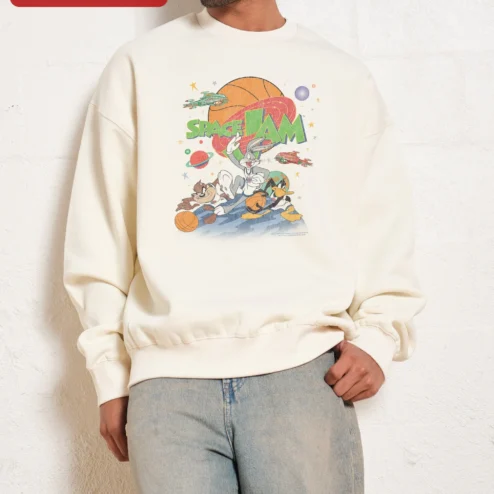 Customer in Chicago, Illinois wearing Space Jam Sweatshirt Bugs Bunny Daffy Duck Vintage Basketball Graphic Crewneck for Men Women