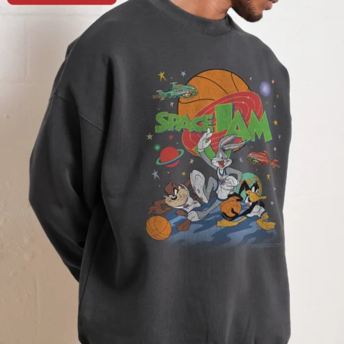 Customer in Chicago, Illinois wearing Space Jam Sweatshirt Bugs Bunny Daffy Duck Vintage Basketball Graphic Crewneck for Men Women