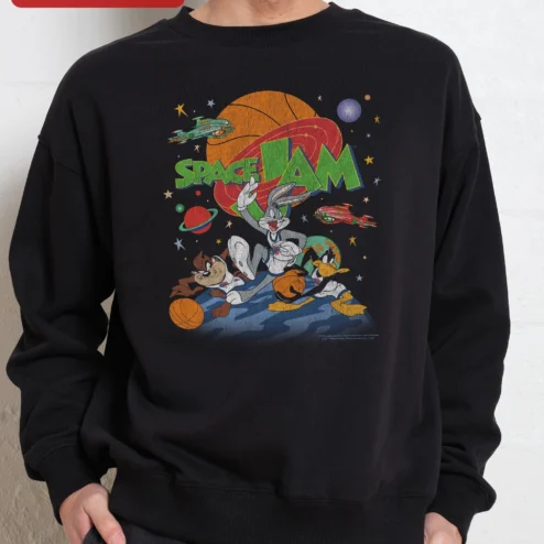 Close-up of Space Jam Sweatshirt Vintage Tune Squad Bugs Bunny Daffy Duck Crewneck for streetwear fans in Chicago, Illinois