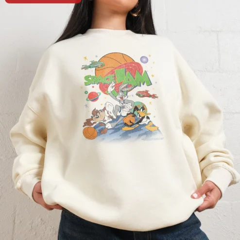 Close-up of Space Jam Sweatshirt Vintage Tune Squad Bugs Bunny Daffy Duck Crewneck for streetwear fans in Chicago, Illinois