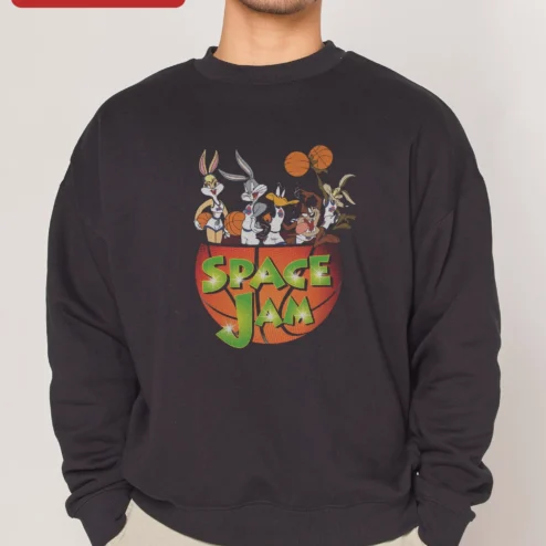 Customer in Chicago, Illinois wearing Space Jam Sweatshirt Vintage Tune Squad Looney Tunes Basketball Graphic Crewneck for Men Women
