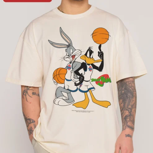 Space Jam Tee Bugs Bunny and Daffy Duck Basketball Graphic Shirt for Looney Tunes Fans on a hanger, ready to ship from Chicago, Illinois
