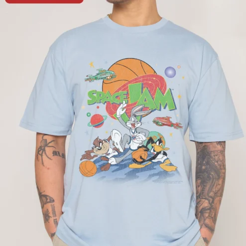 Customer in Chicago, Illinois wearing Space Jam Tee Bugs Bunny Daffy Duck Taz Vintage Basketball Graphic Shirt