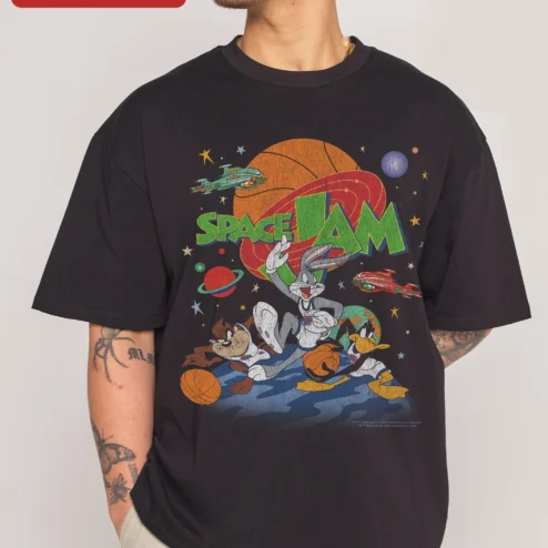 Space Jam Tee Bugs Bunny Daffy Duck Taz Vintage Retro Cartoon Basketball Graphic Shirt on a hanger, ready to ship from Chicago, Illinois
