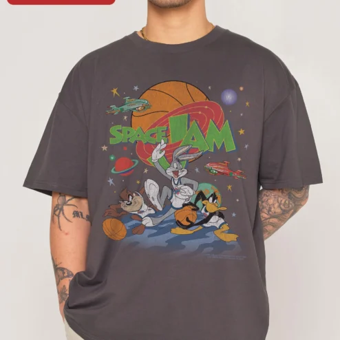 Customer in Chicago, Illinois wearing Space Jam Tee Bugs Bunny Daffy Duck Taz Vintage Retro Cartoon Basketball Graphic Shirt