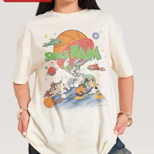 Close-up of Space Jam Tee Bugs Bunny Daffy Duck Taz Vintage Retro Cartoon Basketball Graphic Shirt for streetwear fans in Chicago, Illinois