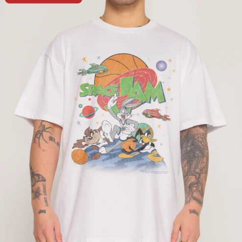 Close-up of Space Jam Tee Bugs Bunny Daffy Duck Taz Vintage Retro Cartoon Basketball Graphic Shirt for streetwear fans in Chicago, Illinois