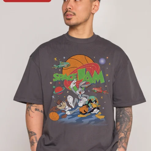 Space Jam Tee Bugs Bunny Vintage Basketball Graphic T-Shirt on a hanger, ready to ship from Chicago, Illinois