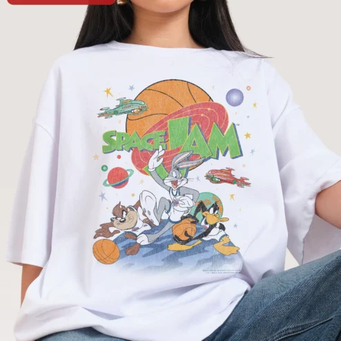 Close-up of Space Jam Tee Bugs Bunny Vintage Retro Cartoon Graphic T-Shirt for streetwear fans in Chicago, Illinois