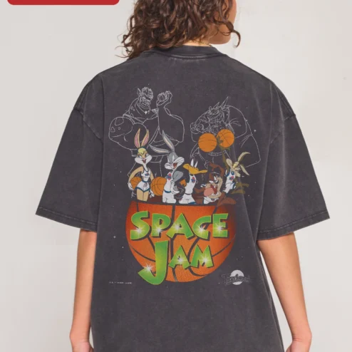 Customer in Chicago, Illinois wearing Space Jam Tee Looney Tunes Bugs Bunny Lola Daffy Duck Vintage Acid Wash Basketball Graphic Shirt