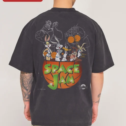Customer in Chicago, Illinois wearing Space Jam Tee Looney Tunes Bugs Bunny Lola Daffy Duck Vintage Acid Wash Basketball Graphic Shirt