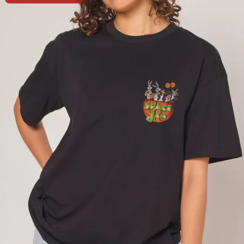 Space Jam Tee Looney Tunes Retro Basketball Cartoon Graphic Shirt for Kids and Adults on a hanger, ready to ship from Chicago, Illinois
