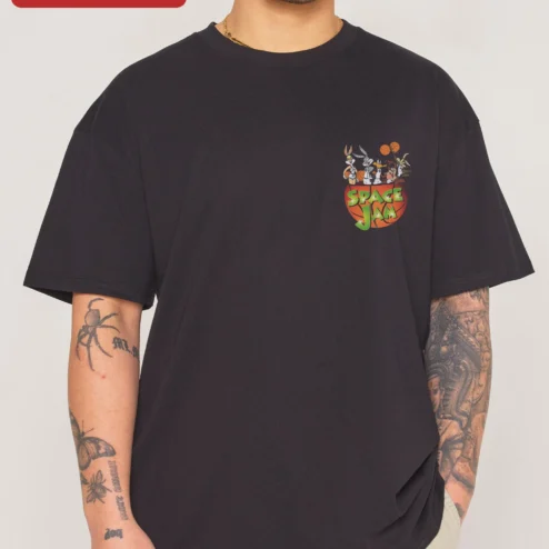 Customer in Chicago, Illinois wearing Space Jam Tee Looney Tunes Retro Basketball Cartoon Graphic Shirt for Kids and Adults
