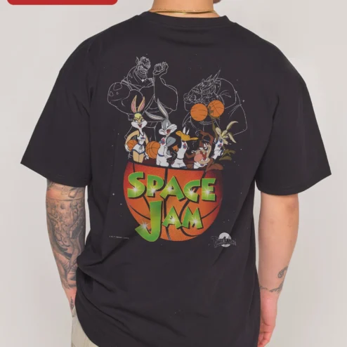 Close-up of Space Jam Tee Looney Tunes Retro Basketball Cartoon Graphic Shirt for Kids and Adults for streetwear fans in Chicago, Illinois