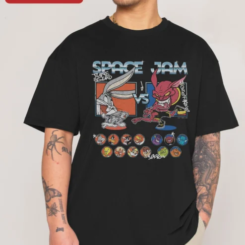 Space Jam Tune Squad vs Monsters Tee Bugs Bunny Looney Tunes Retro Graphic Shirt on a hanger, ready to ship from Chicago, Illinois