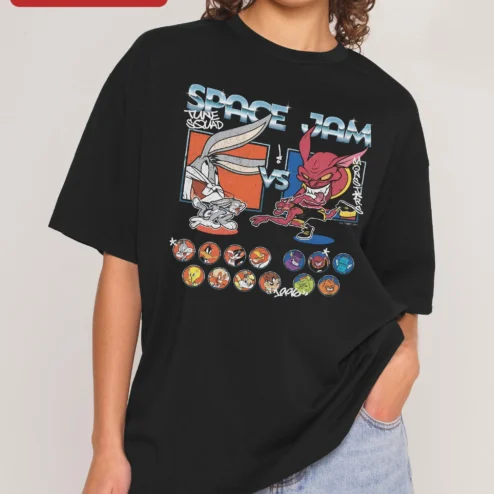 Space Jam Tune Squad vs Monsters Tee Bugs Bunny Vintage Retro Graphic Shirt on a hanger, ready to ship from Chicago, Illinois