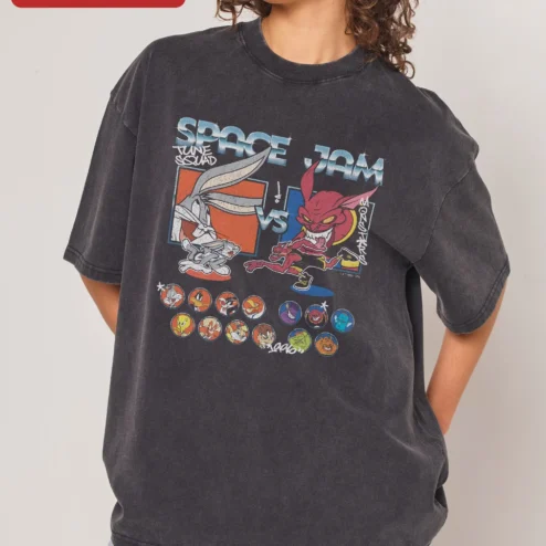 Space Jam Tune Squad vs Monsters Vintage Wash Tee Bugs Bunny Looney Tunes Retro Graphic Shirt on a hanger, ready to ship from Chicago, Illinois