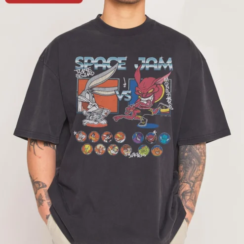 Space Jam Tune Squad vs Monsters Vintage Wash Tee Bugs Bunny Looney Tunes Retro Graphic Shirt