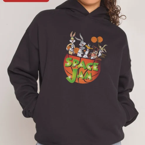 Customer in Chicago, Illinois wearing Space Jam Vintage Hoodie Retro Tune Squad Looney Tunes Basketball Graphic Pullover for Men Women
