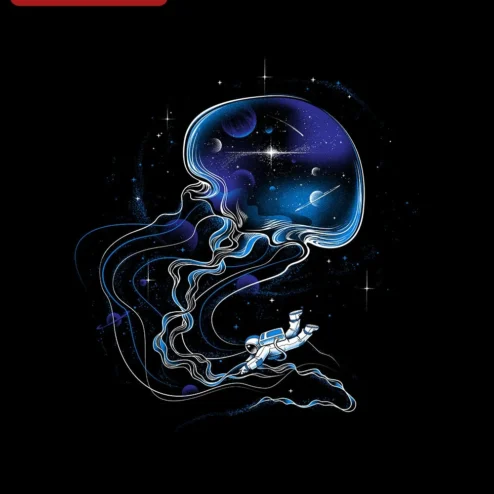 Space Jellyfish Astronaut Graphic Tee Surreal Cosmic Galaxy Art Shirt for Sci-Fi Fans on a hanger, ready to ship from Chicago, Illinois