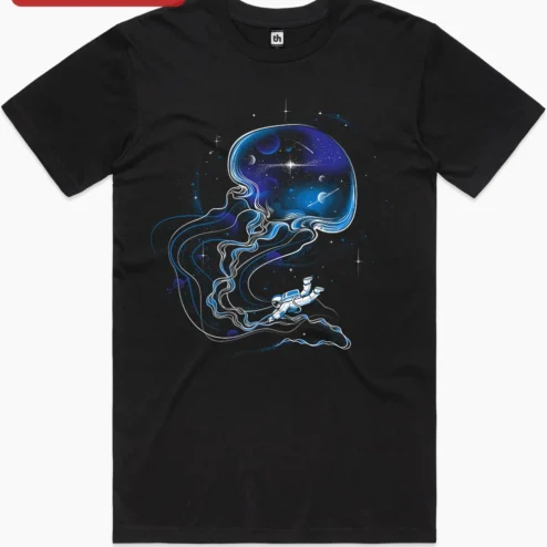Customer in Chicago, Illinois wearing Space Jellyfish Astronaut Graphic Tee Surreal Cosmic Galaxy Art Shirt for Sci-Fi Fans