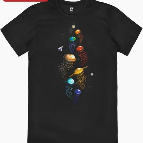 Space Jellyfish Planets Illustration Poster Cosmic Solar System Art Wall Decor on a hanger, ready to ship from Chicago, Illinois