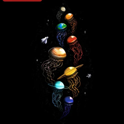 Space Jellyfish Planets Illustration Poster Cosmic Solar System Art Wall Decor