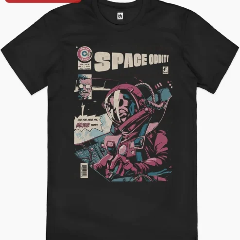 Close-up of Space Oddity Can You Hear Me Major Tom Poster David Bowie Retro Comic Book Art Print for streetwear fans in Chicago, Illinois