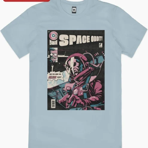 Close-up of Space Oddity Can You Hear Me Major Tom Poster David Bowie Retro Comic Book Art Print for streetwear fans in Chicago, Illinois