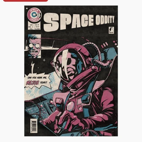 Space Oddity David Bowie Poster Can You Hear Me Major Tom Retro Comic Art Print on a hanger, ready to ship from Chicago, Illinois