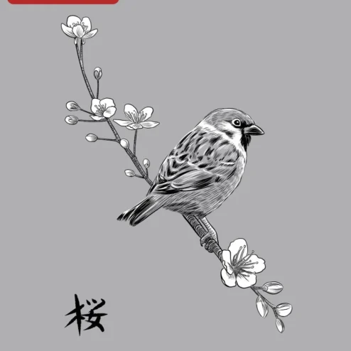 Sparrow on Cherry Blossom Branch Ink Drawing Poster Japanese Sakura Art Print Vintage Botanical Wall on a hanger, ready to ship from Chicago, Illinois