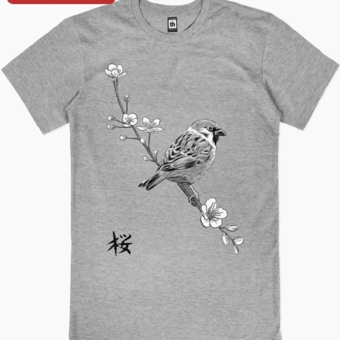 Customer in Chicago, Illinois wearing Sparrow on Cherry Blossom Branch Ink Drawing Poster Japanese Sakura Art Print Vintage Botanical Wall