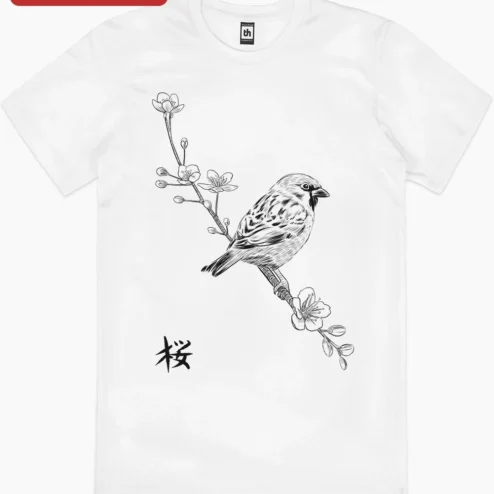 Close-up of Sparrow on Cherry Blossom Branch Ink Drawing Poster Japanese Sakura Art Print Vintage Botanical Wall for streetwear fans in Chicago, Illinois