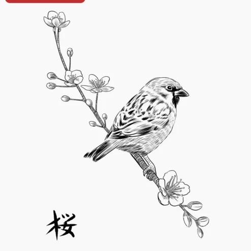 Sparrow on Cherry Blossom Branch Ink Drawing Poster Japanese Sakura Art Print Vintage Botanical Wall Decor for Nature Lovers