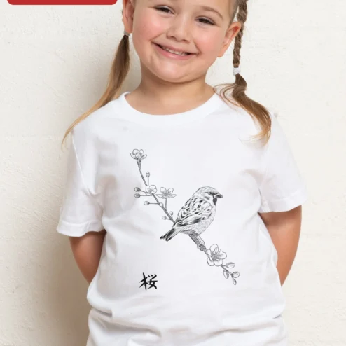 Sparrow on Cherry Blossom Branch Tee Nature Lover Graphic T-Shirt for Kids Boys Girls Spring Gift on a hanger, ready to ship from Chicago, Illinois