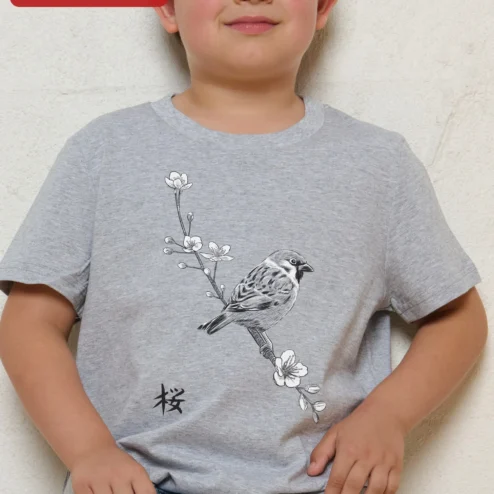 Sparrow on Cherry Blossom Branch Tee Nature Lover Graphic T-Shirt for Kids Boys Girls Spring Gift