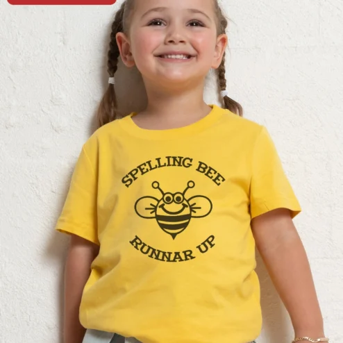 Spelling Bee Runner Up Tee Funny Academic Competition Shirt for Kids Students on a hanger, ready to ship from Chicago, Illinois