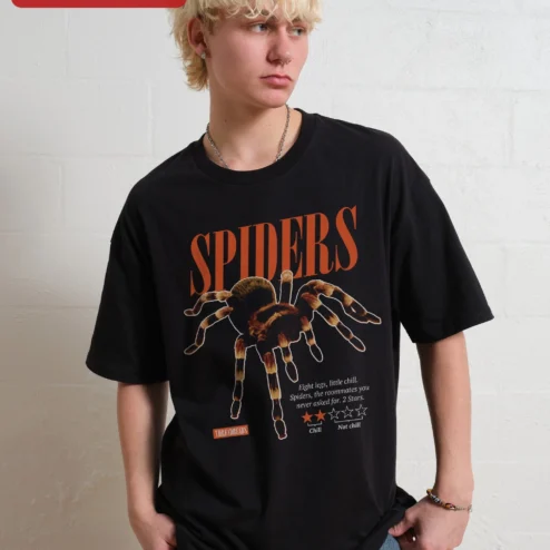 Spiders Funny Graphic Tee Eight Legs Little Chill Arachnid Lover Gift on a hanger, ready to ship from Chicago, Illinois