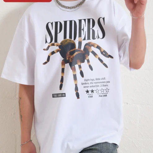 Spiders Funny Graphic Tee Eight Legs Little Chill Roommates You Never Asked For Dark Humor Shirt on a hanger, ready to ship from Chicago, Illinois